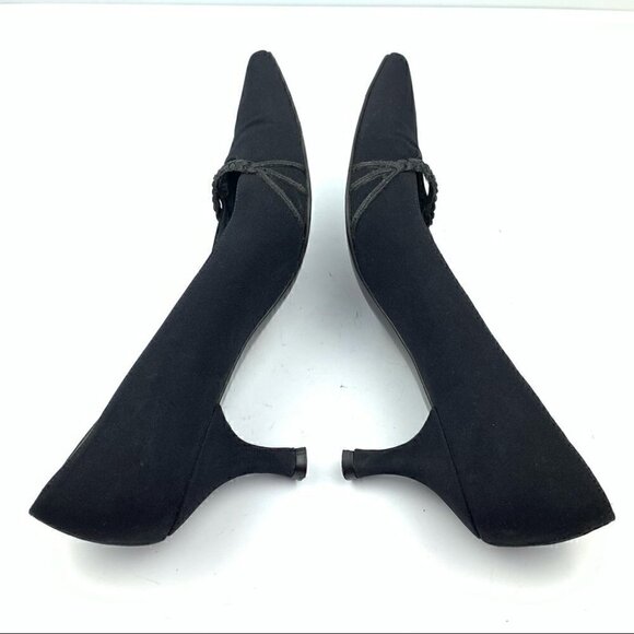Stuart Weitzman heels sz 8 black silk pointy toe - Picture 5 of 11